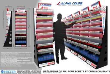 Présentoir Seiller fabricant PLV : Bandeau de rayonnage en plastique pour matériel de bricolgae Alpha coupe